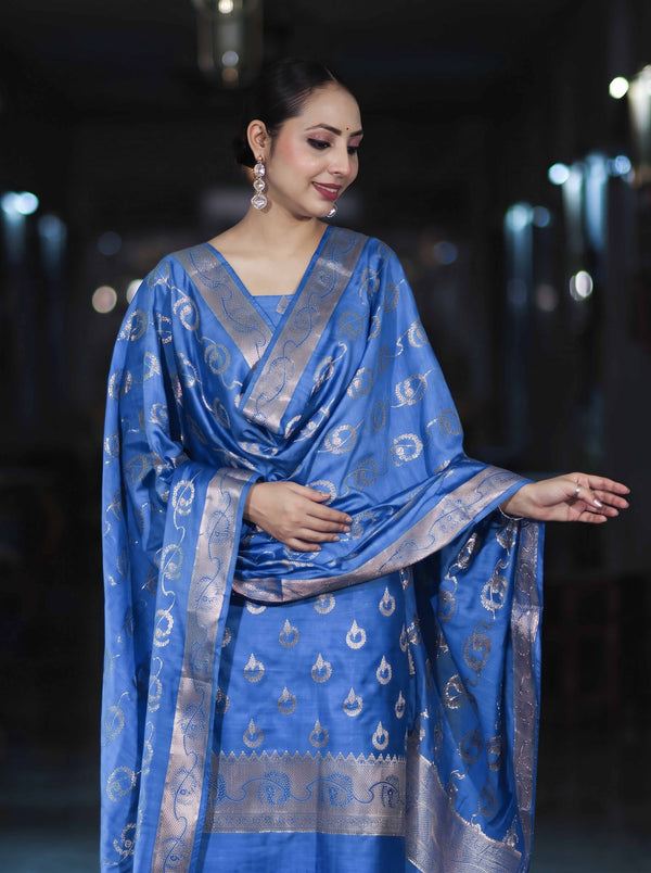Banarasee Zari Embroidered Chanderi Silk Salwar Kameez With Dupatta Set-Blue