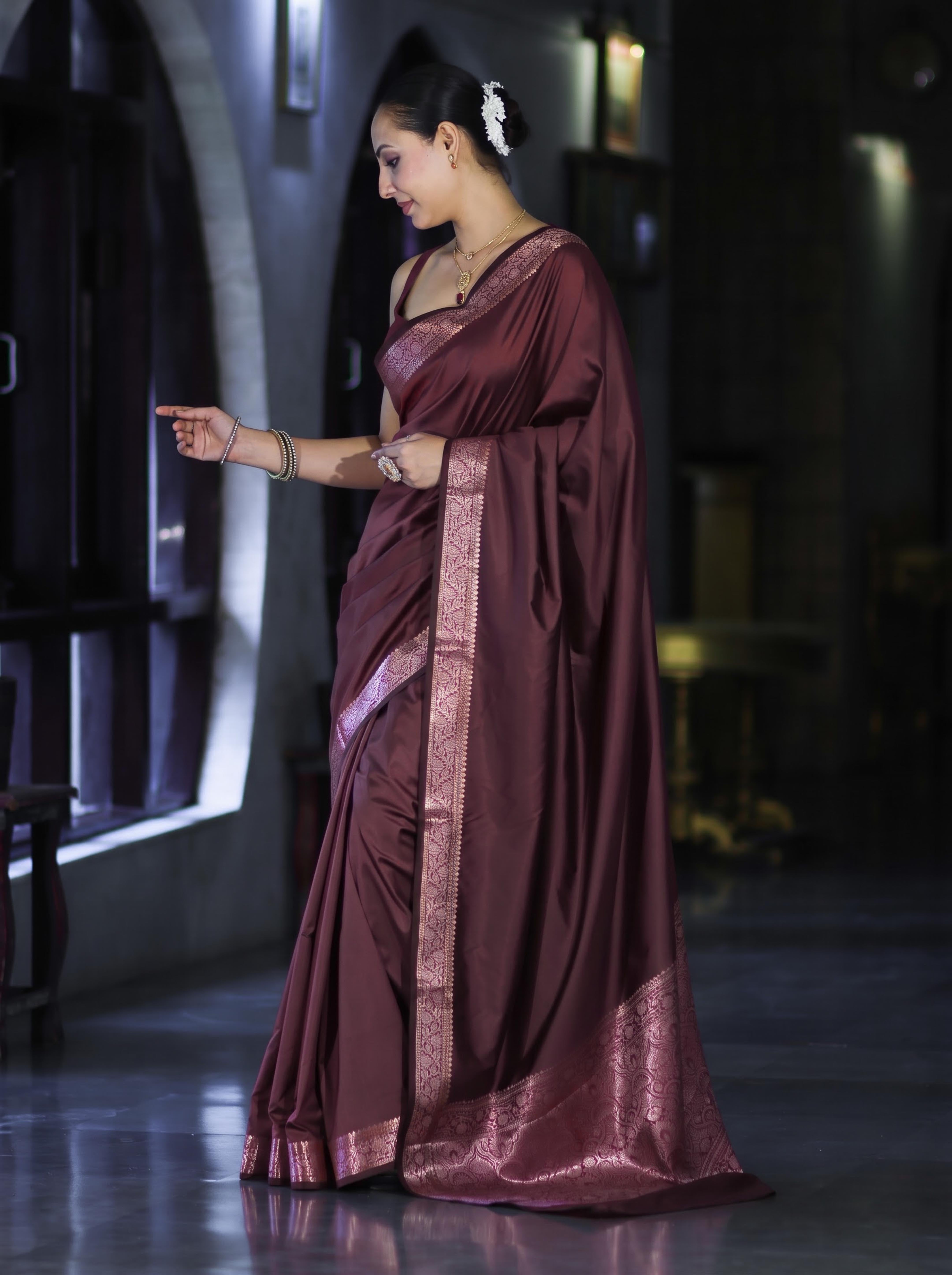 Banarasee Handloom Semi Silk Plain Saree With Floral Zari Border-Deep Burgundy