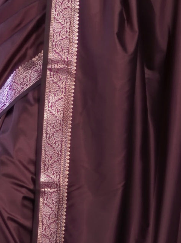 Banarasee Handloom Semi Silk Plain Saree With Floral Zari Border-Deep Burgundy