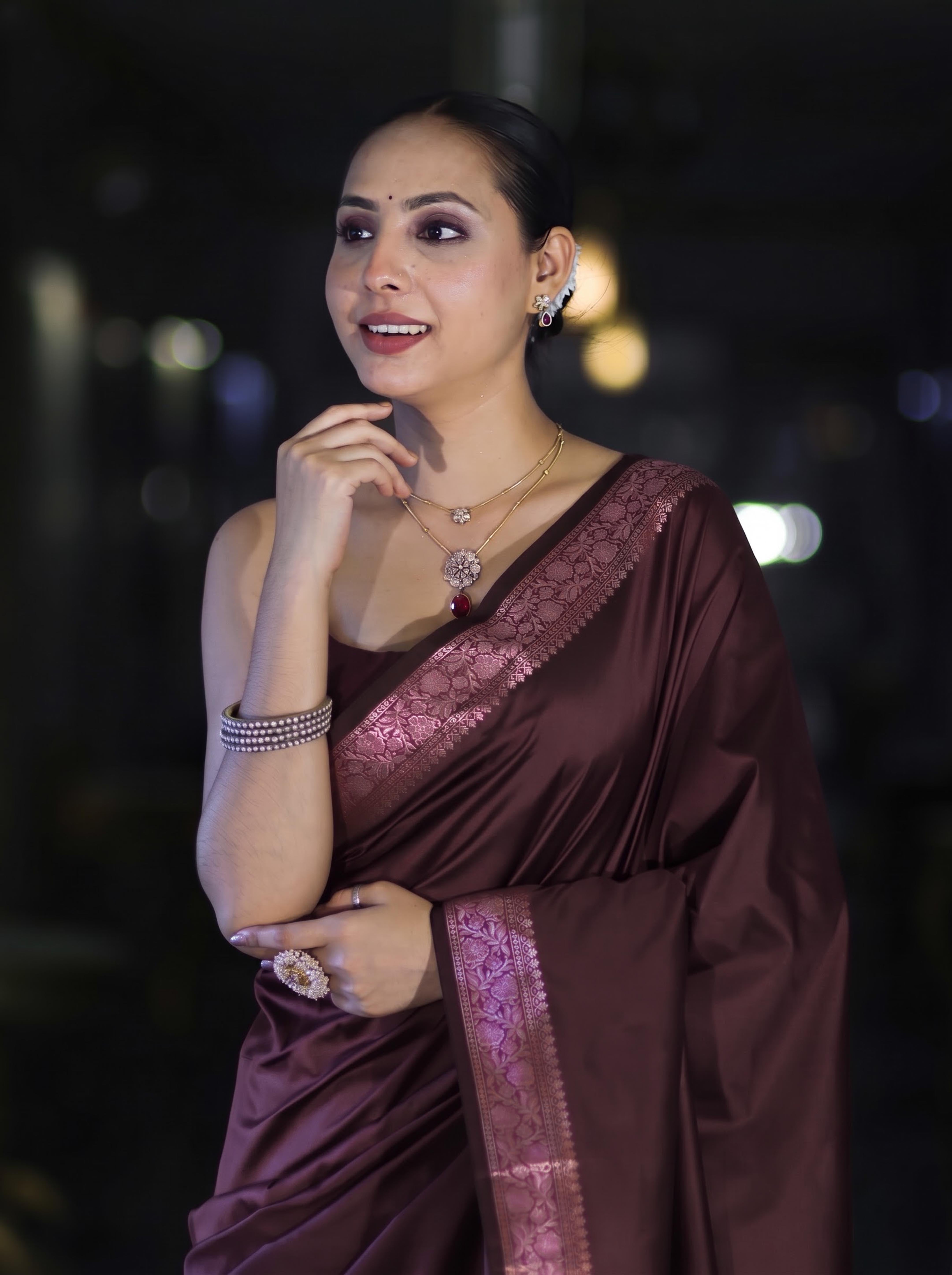 Banarasee Handloom Semi Silk Plain Saree With Floral Zari Border-Deep Burgundy