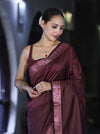 Banarasee Handloom Semi Silk Plain Saree With Floral Zari Border-Deep Burgundy