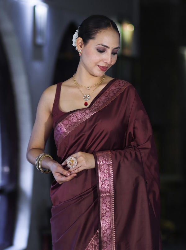 Banarasee Handloom Semi Silk Plain Saree With Floral Zari Border-Deep Burgundy
