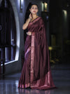Banarasee Handloom Semi Silk Plain Saree With Floral Zari Border-Deep Burgundy