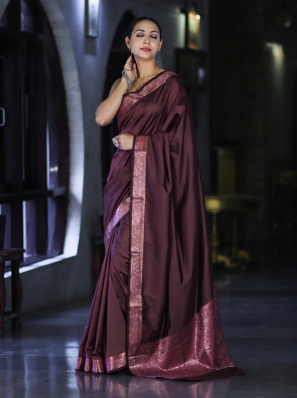 Banarasee Handloom Semi Silk Plain Saree With Floral Zari Border-Deep Burgundy