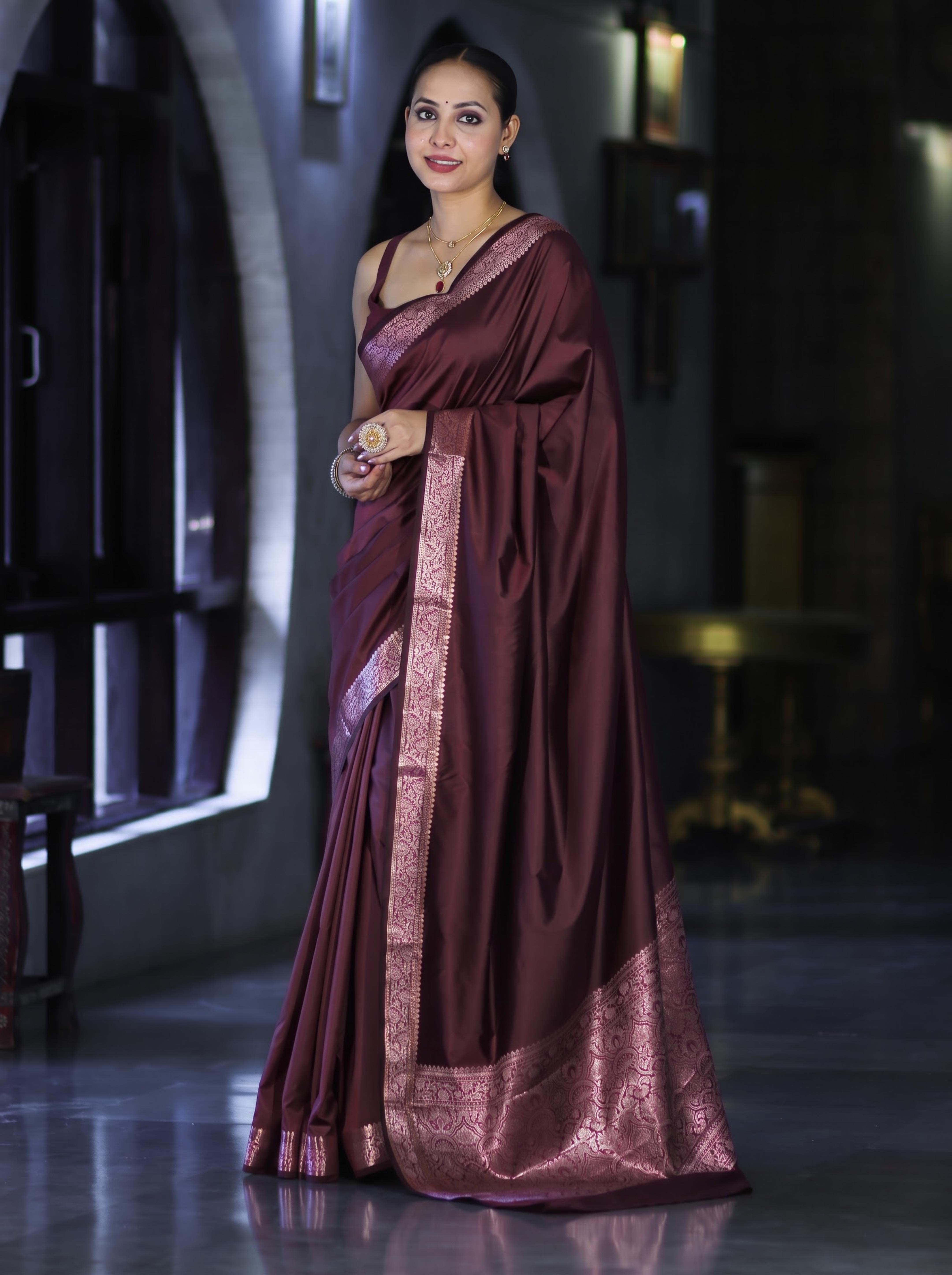 Banarasee Handloom Semi Silk Plain Saree With Floral Zari Border-Deep Burgundy