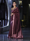 Banarasee Handloom Semi Silk Plain Saree With Floral Zari Border-Deep Burgundy