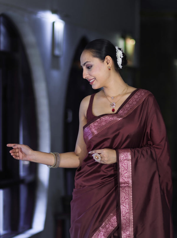 Banarasee Handloom Semi Silk Plain Saree With Floral Zari Border-Deep Burgundy