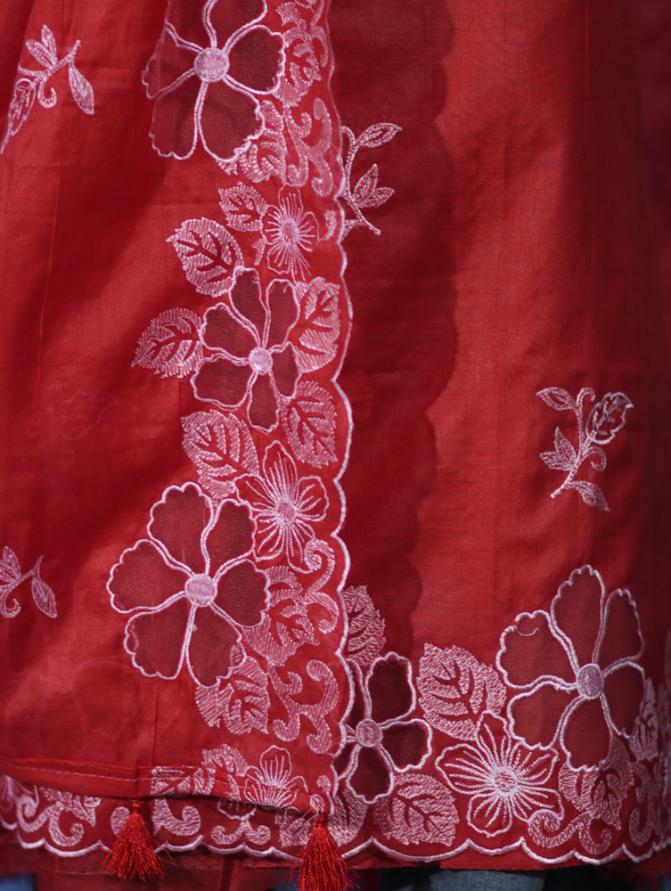 Banarasee Resham Embroidered Chanderi Salwar Kameez With Cutwork Dupatta Set-Red
