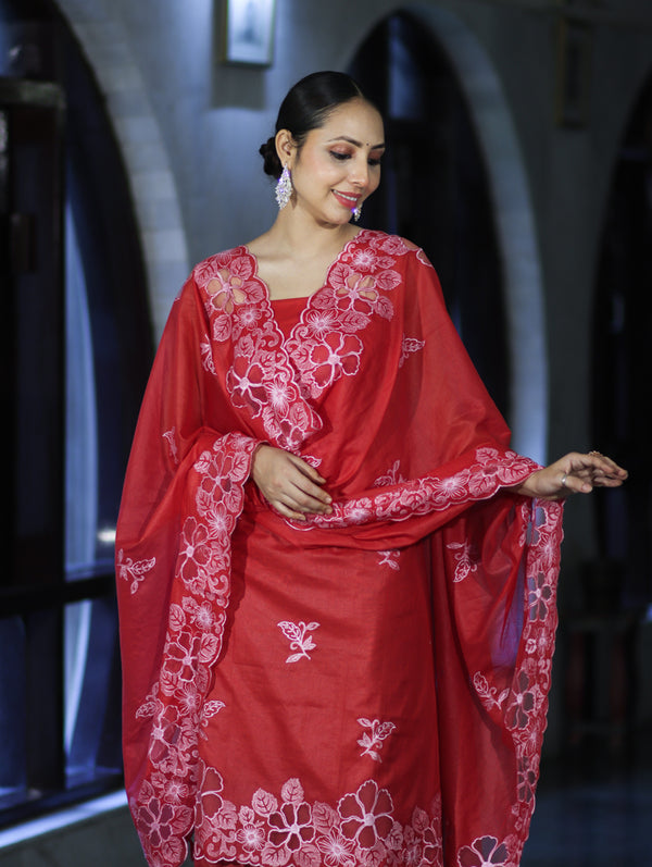 Banarasee Resham Embroidered Chanderi Salwar Kameez With Cutwork Dupatta Set-Red