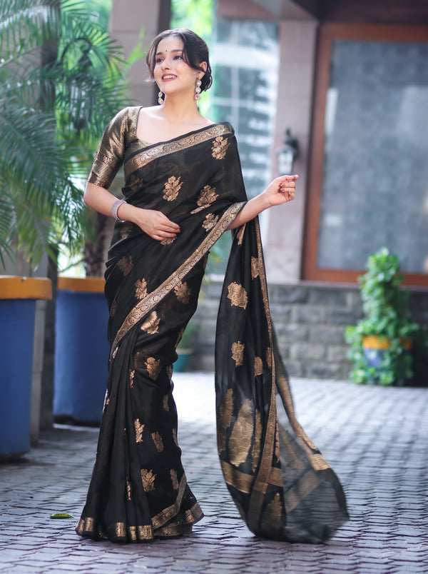 Banarasee Handloom Dupion Silk Saree With Zari Floral Buta Design & Border-Black