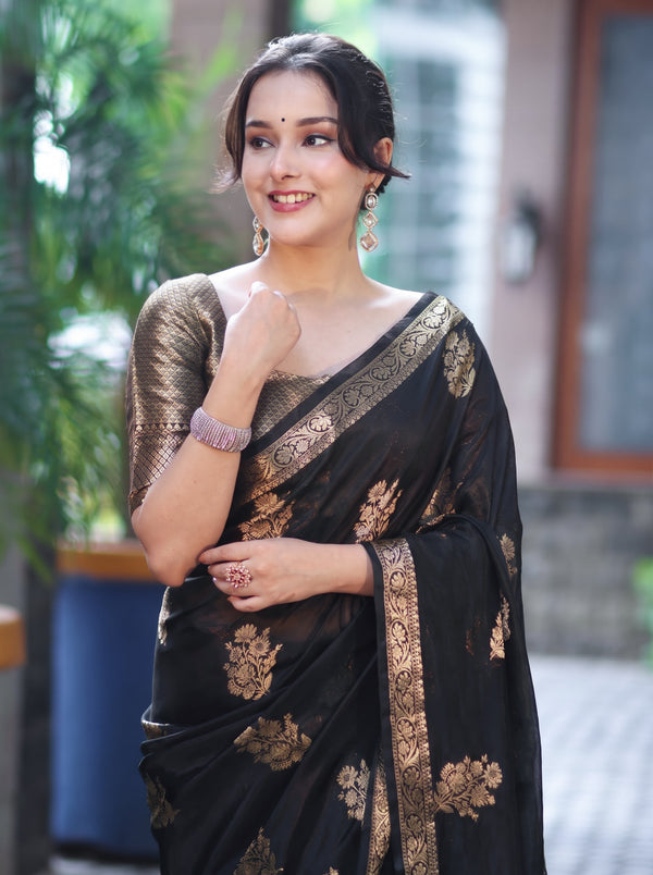 Banarasee Handloom Dupion Silk Saree With Zari Floral Buta Design & Border-Black