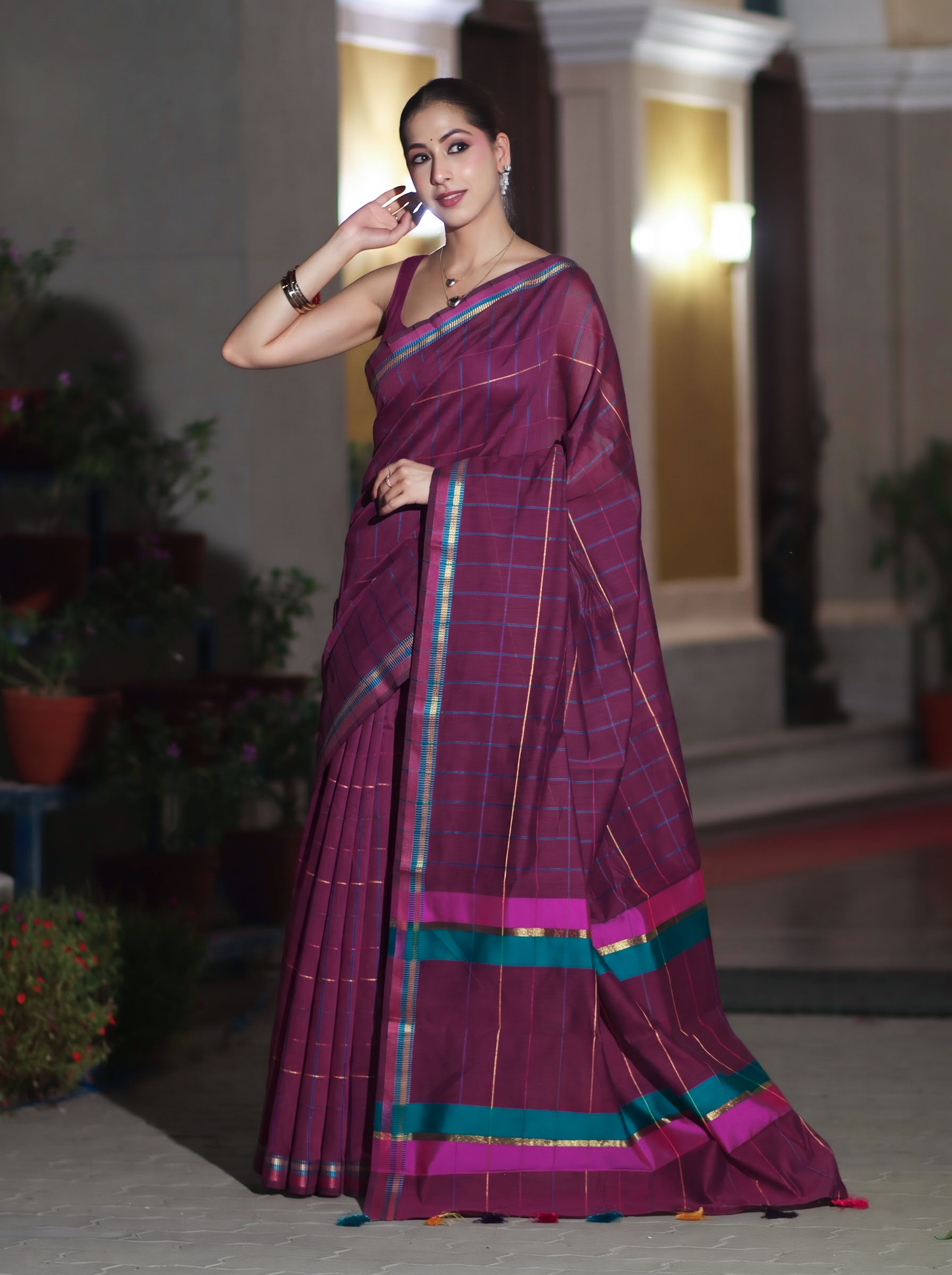Banarasee Handloom Cotton Silk Saree With Checks Pattern & Border-Deep Magenta
