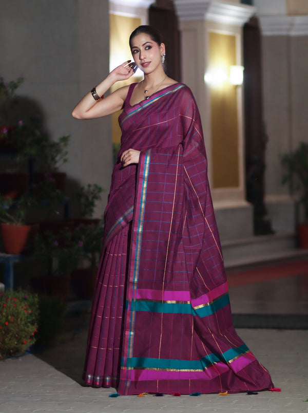 Banarasee Handloom Cotton Silk Saree With Checks Pattern & Border-Deep Magenta