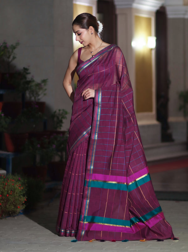 Banarasee Handloom Cotton Silk Saree With Checks Pattern & Border-Deep Magenta