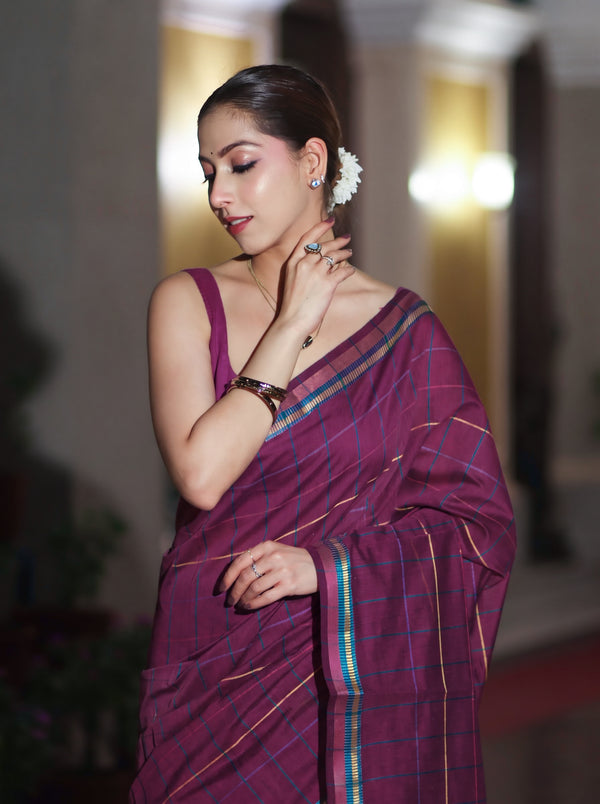 Banarasee Handloom Cotton Silk Saree With Checks Pattern & Border-Deep Magenta
