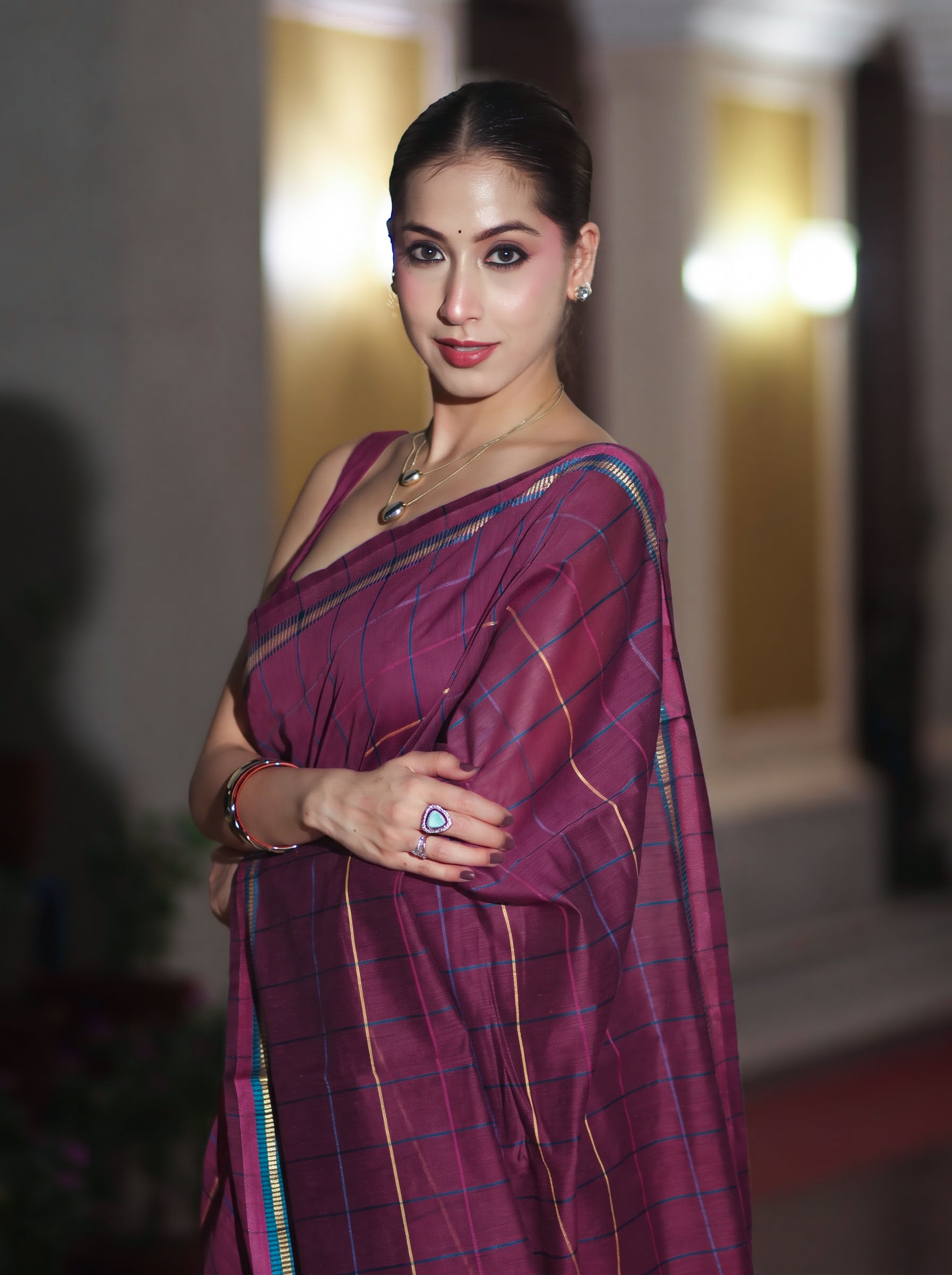 Banarasee Handloom Cotton Silk Saree With Checks Pattern & Border-Deep Magenta