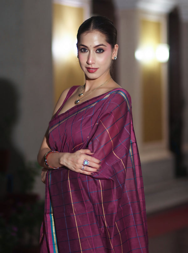 Banarasee Handloom Cotton Silk Saree With Checks Pattern & Border-Deep Magenta