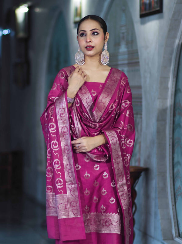 Banarasee Zari Embroidered Chanderi Silk Salwar Kameez With Dupatta Set-Pink