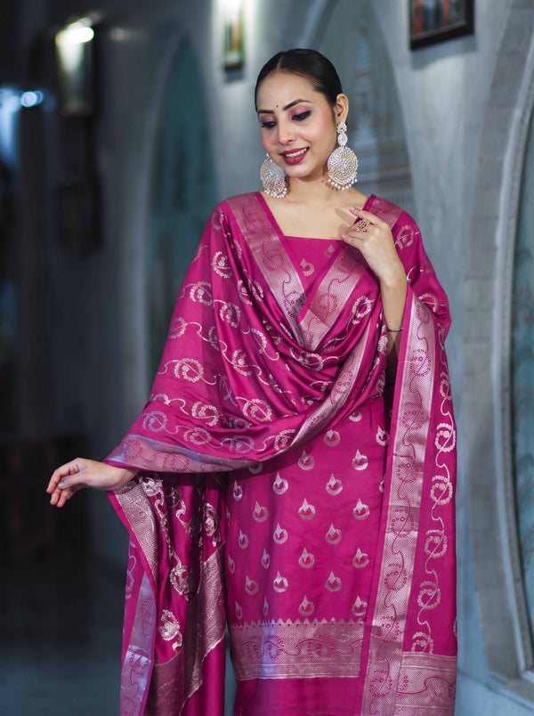 Banarasee Zari Embroidered Chanderi Silk Salwar Kameez With Dupatta Set-Pink