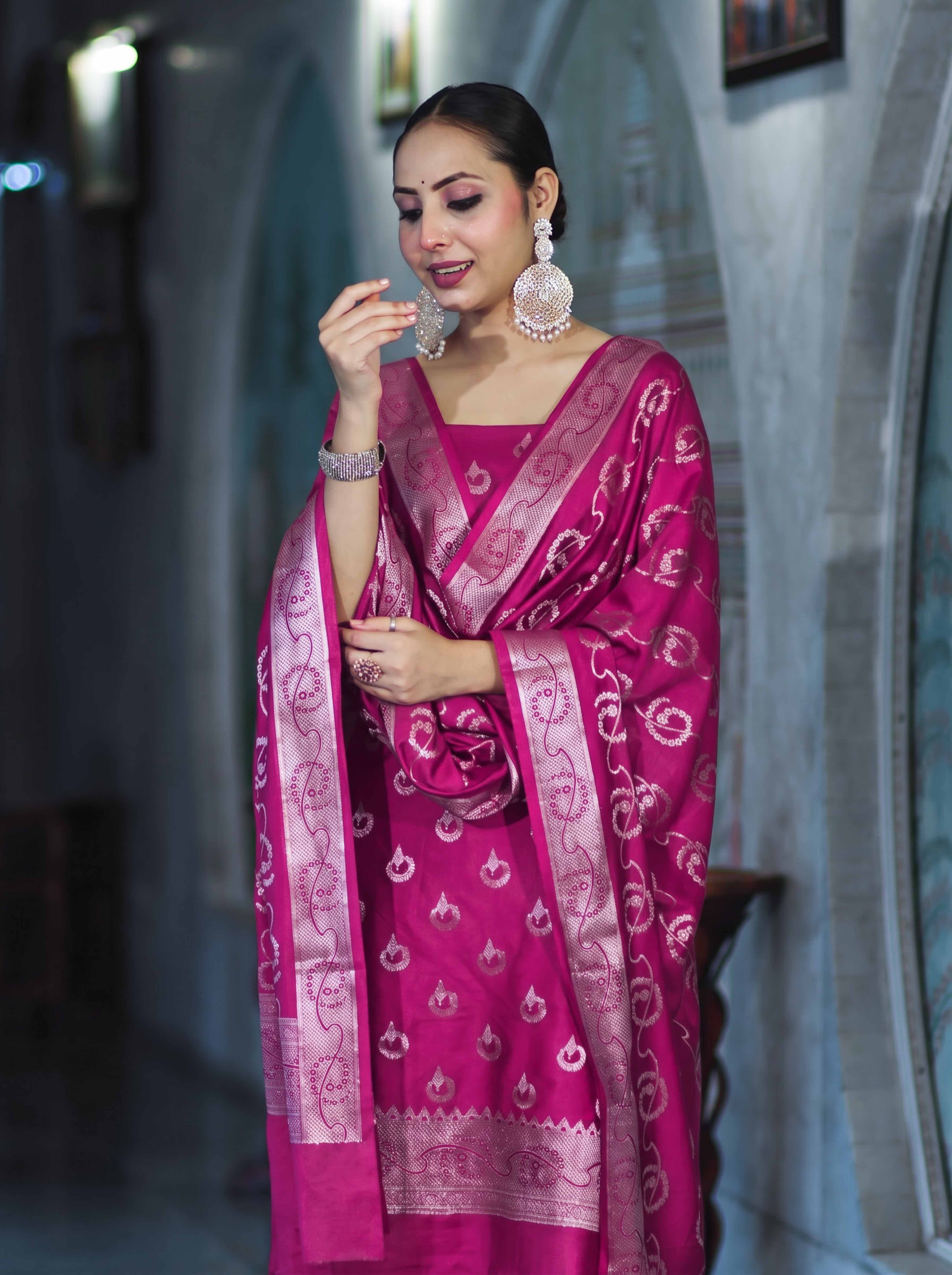 Banarasee Zari Embroidered Chanderi Silk Salwar Kameez With Dupatta Set-Pink