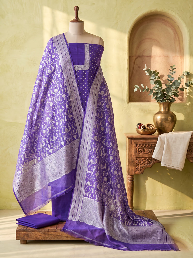 Banarasee Faux Georgette Zari Work Salwar Kameez Fabric With Dupatta Set-Violet
