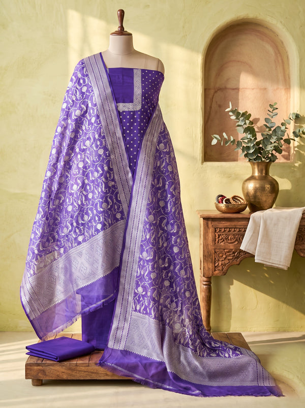 Banarasee Faux Georgette Zari Work Salwar Kameez Fabric With Dupatta Set-Violet