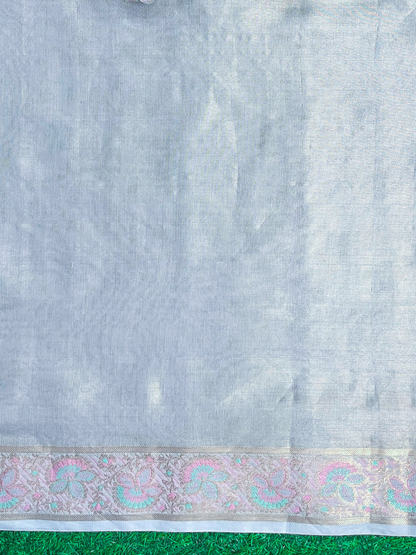 Banarasee Handloom Plain Soft Tissue Shine Saree With Resham Zari Border & Lace-Powder Blue