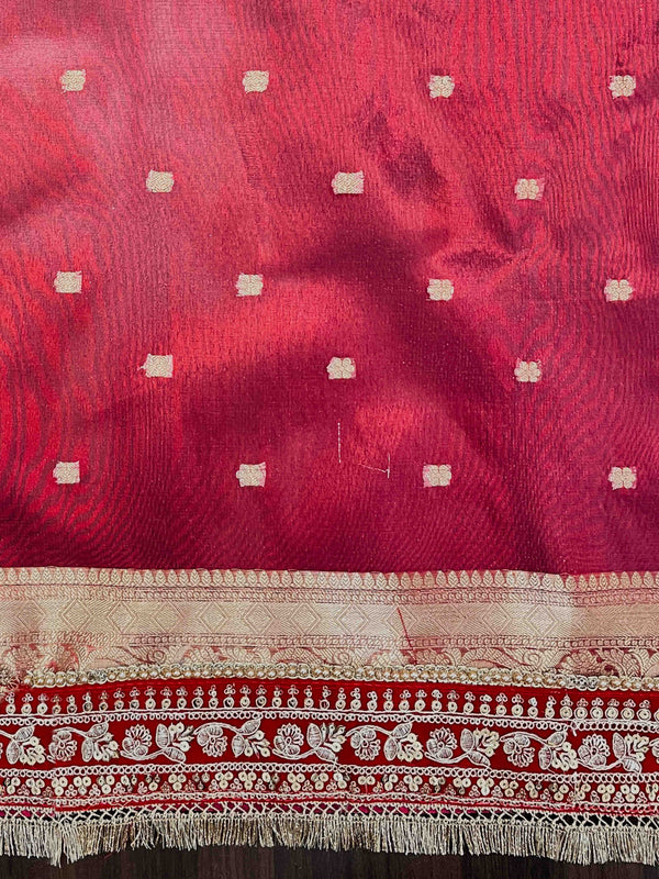 Banarasee Handloom Plain Tissue Saree With Velvet Border & Lace-Gold