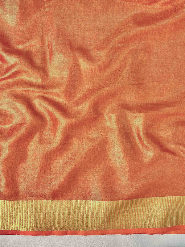 Bhagalpur Handloom Linen Tissue Metallic Shine Saree With Hand Woven Floral Motifs-Rust