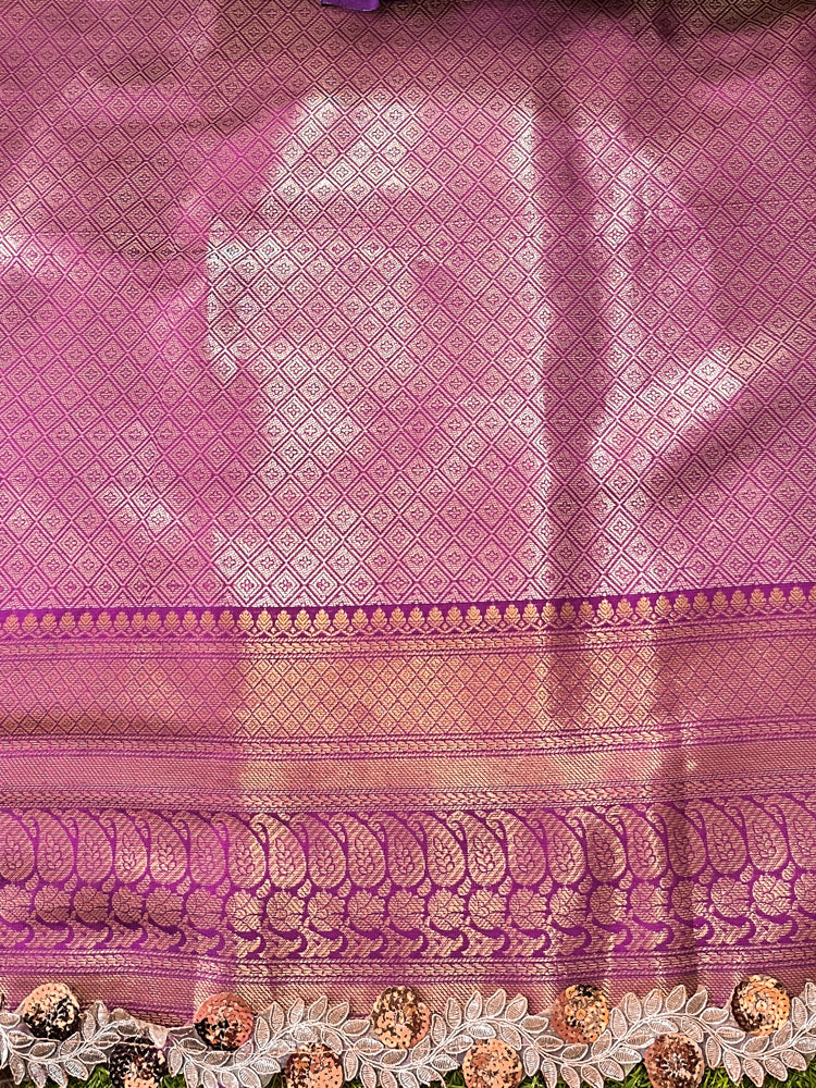 Banarasee Handloom Dual Tone Tissue Saree With Zari Weaving Floral Work & Lace Border-Blue & Violet