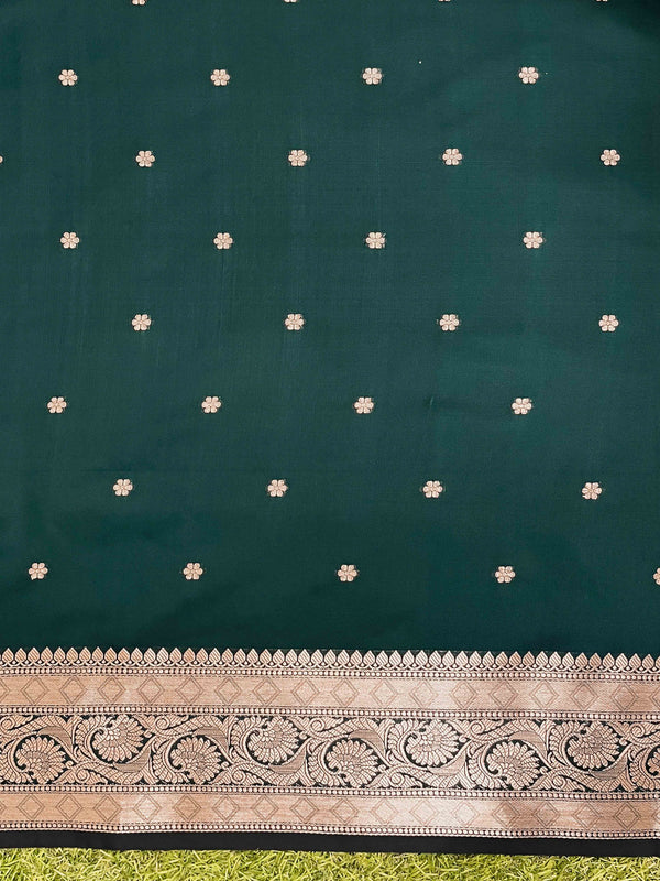 Banarasee Handloom Semi Silk Saree With Buti Design Zari Border & Lace-Deep Green