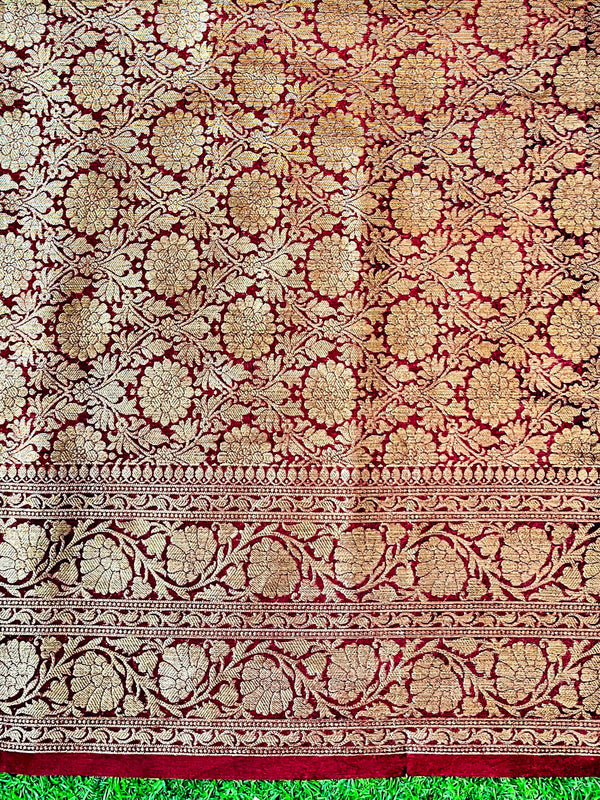Banarasee Handloom Semi Silk Saree With Antique Zari Buti Design & Broad Border-Burgundy