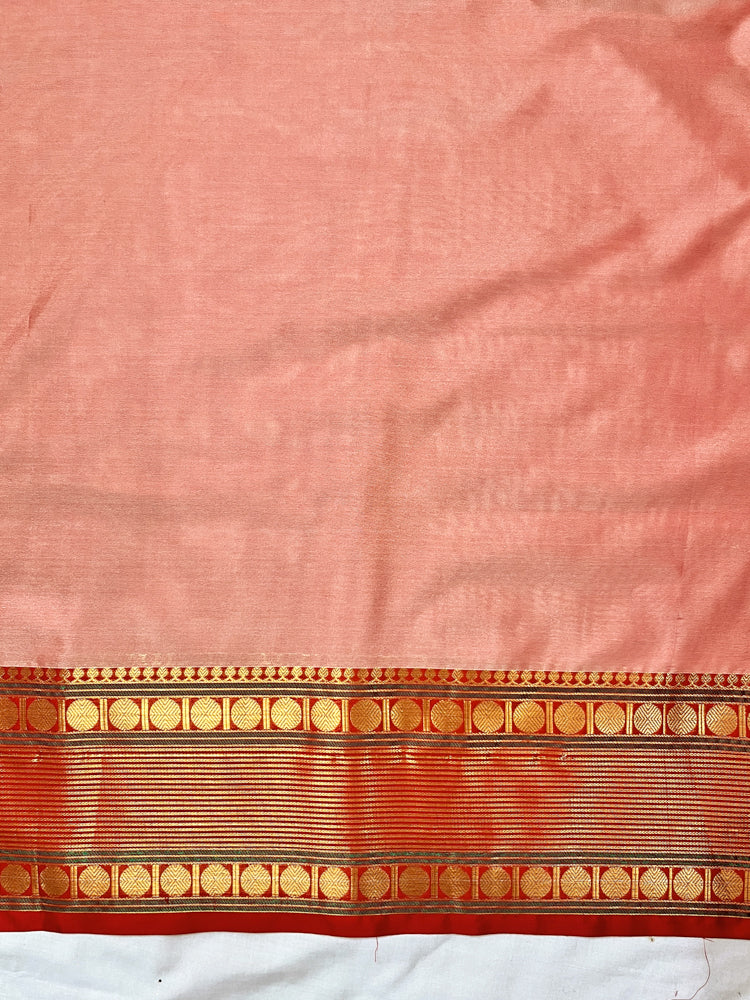 Banarasee Handloom Plain Semi Silk Saree With Contrast Border-Pastel Red