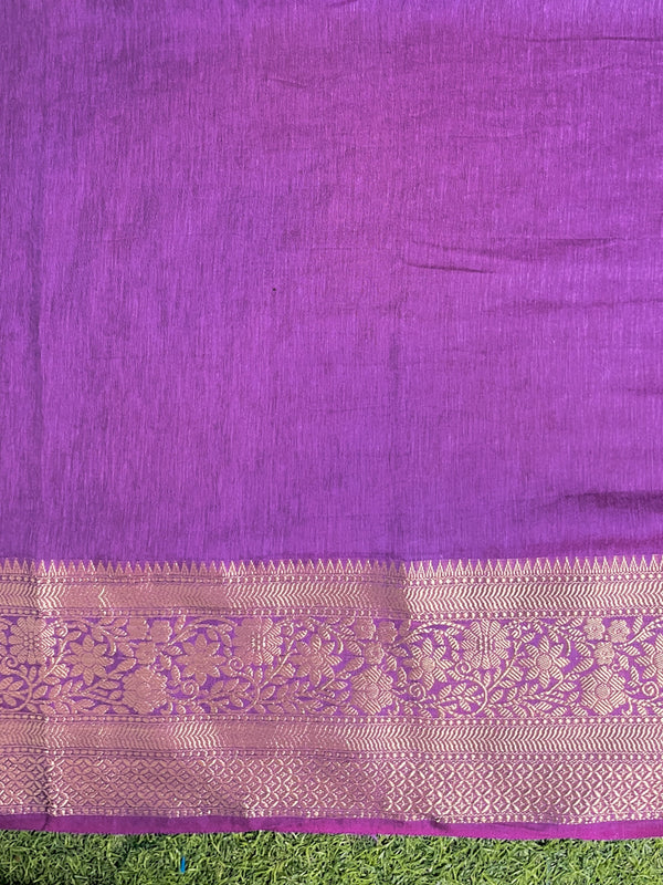 Banarasee Dual Color Pure Linen Saree With Zari Border & Lace-Off White & Violet