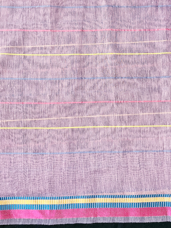 Banarasee Handloom Cotton Silk Saree With Checks Pattern & Border-Lavender
