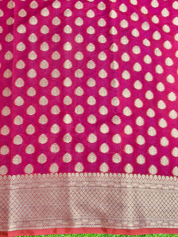 Banarasee Handwoven Georgette Saree With Zari Buta Design & Border-Pink