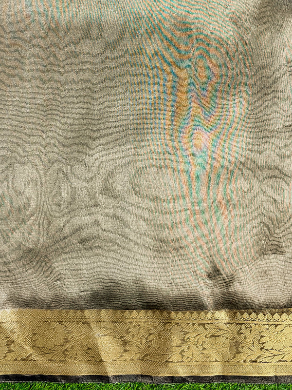 Banarasee Handloom Plain Tissue Saree With Multicolor Pallu Zari Border & Lace-Gold