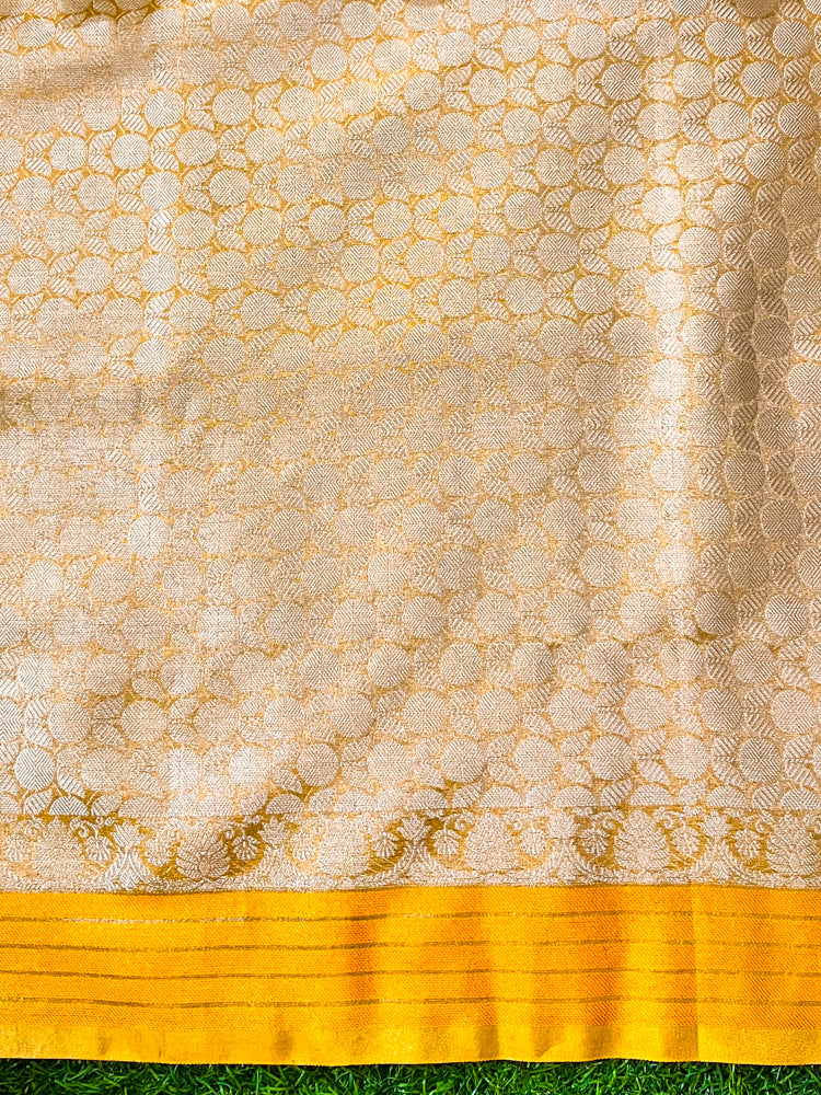Banarasee Handloom Tissue Saree With Zari Jaal Work & Border-Golden Yellow