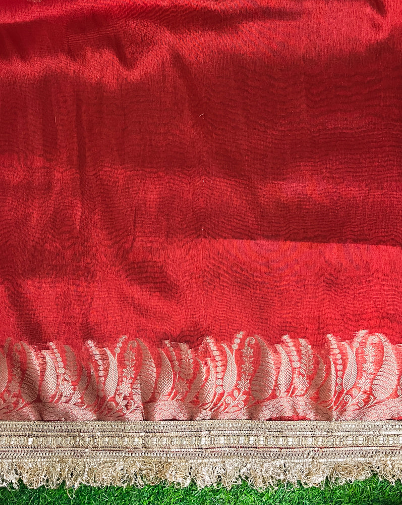 Banarasee Handloom Plain Tissue Saree With Zari Border & Lace-Red