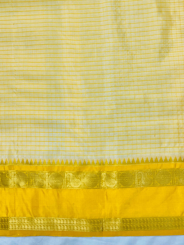 Banarasee Handloom Semi Silk Saree With Checks Design & Border-Yellow