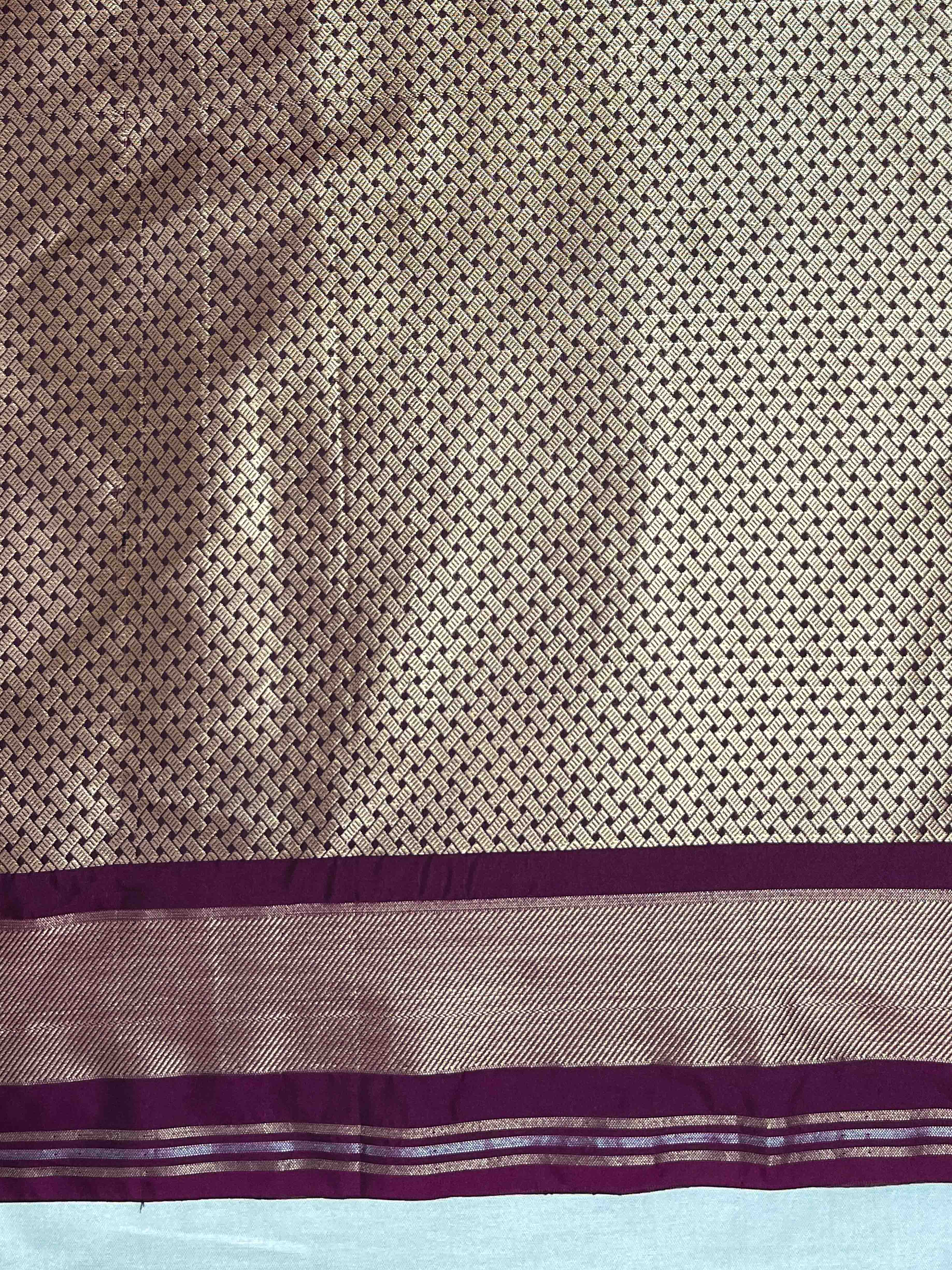Banarasee Handloom Semi Silk Saree With Sona Rupa Zari Buti Design & Floral Border-Wine