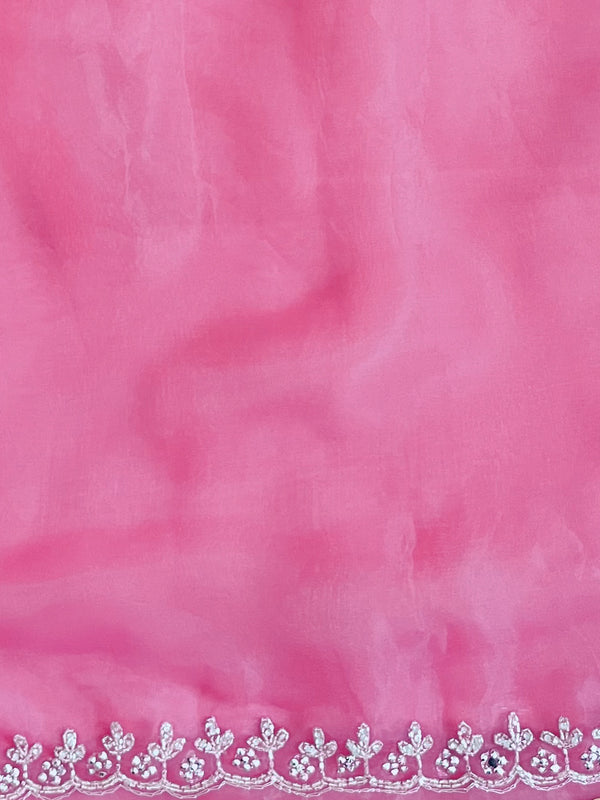 Banarasee Organza Mix Saree With Katdana Handwork-Onion Pink