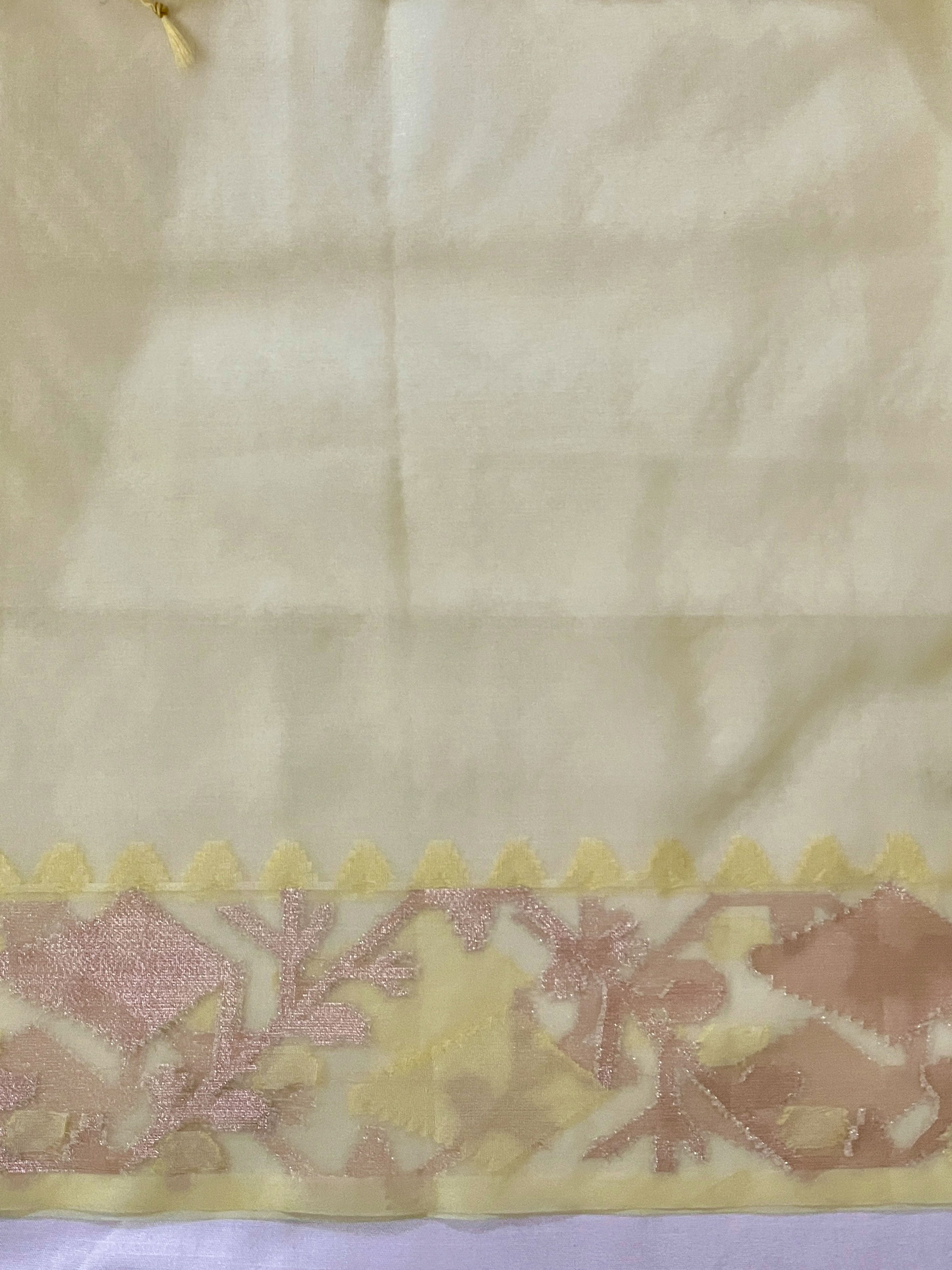 Banarasee Dual Color Organza Mix Saree With Resham & Zari Work-White & Light Yellow