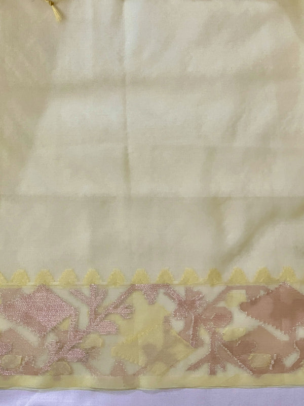 Banarasee Dual Color Organza Mix Saree With Resham & Zari Work-White & Light Yellow