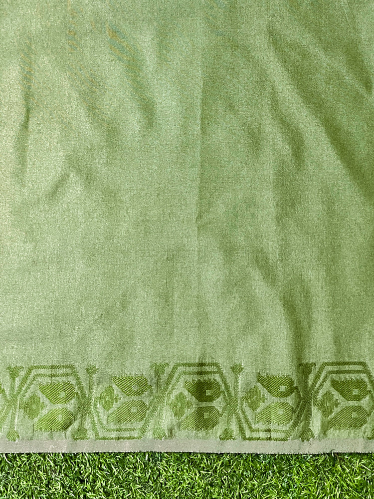 Banarasee Handwoven Semi-Tussar Silk Saree With Contrast Geometric Border-Beige & Green