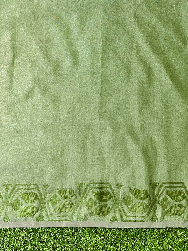 Banarasee Handwoven Semi-Tussar Silk Saree With Contrast Geometric Border-Beige & Green