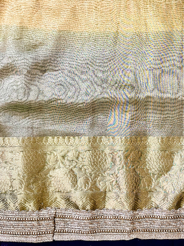 Banarasee Tissue Hand Embroidered Mirror Work Saree With Ghungroo Work & Embroidered Pallu-Multicolor