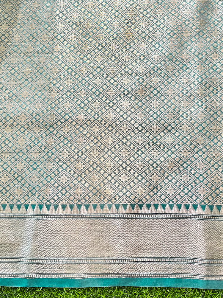 Banarasee Handloom Semi Silk Plain Saree With Zari Woven Design & Floral Border-Moss Green