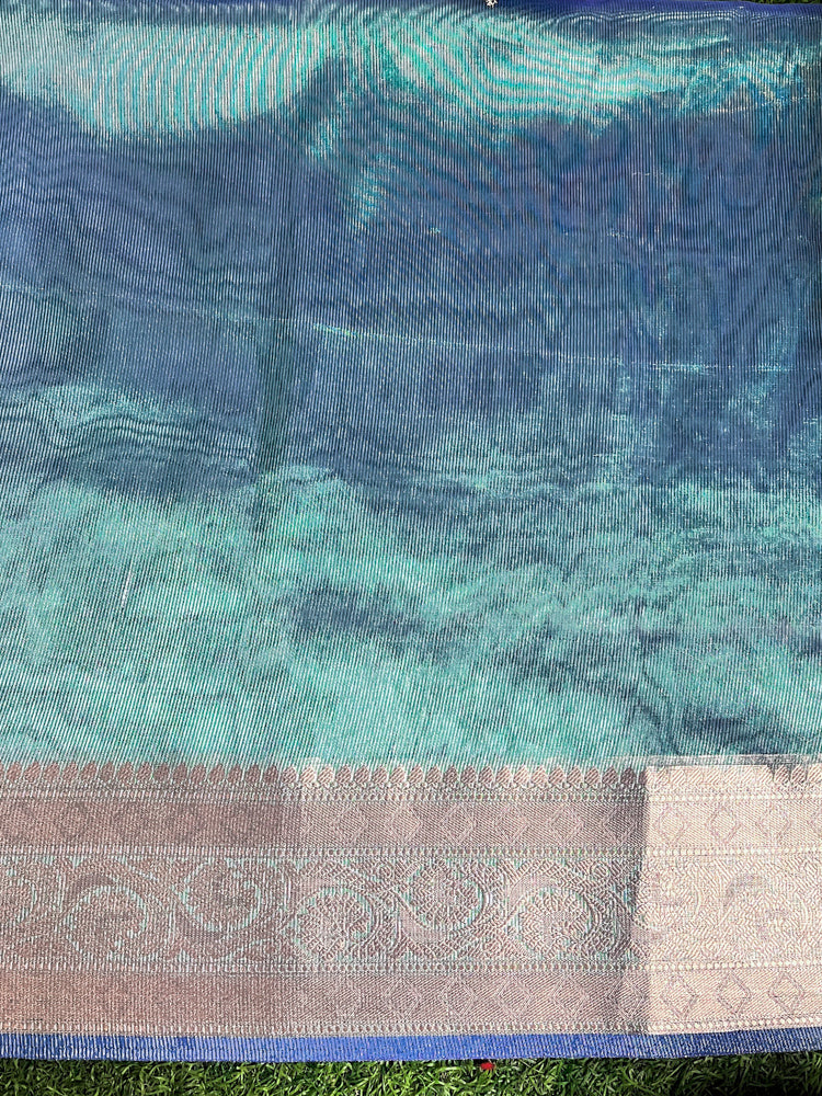 Banarasee Handloom Dual Tone Tissue Saree With Buti Design Zari Border & Lace-Green