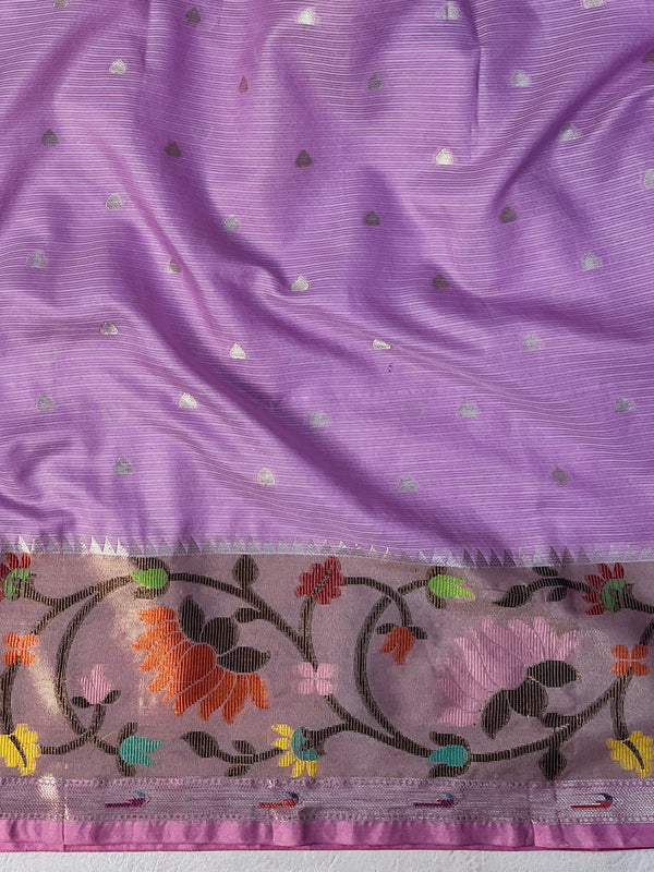 Banarasee Kota Checks Tissue Saree With Zari & Thread Embroidery & Contrast Border-Lilac
